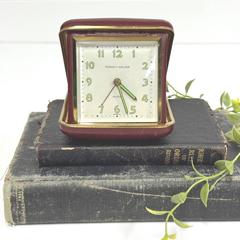 Vintage Phinney-Walker Travel Alarm Clock Burgundy Folding Case Germany- Works